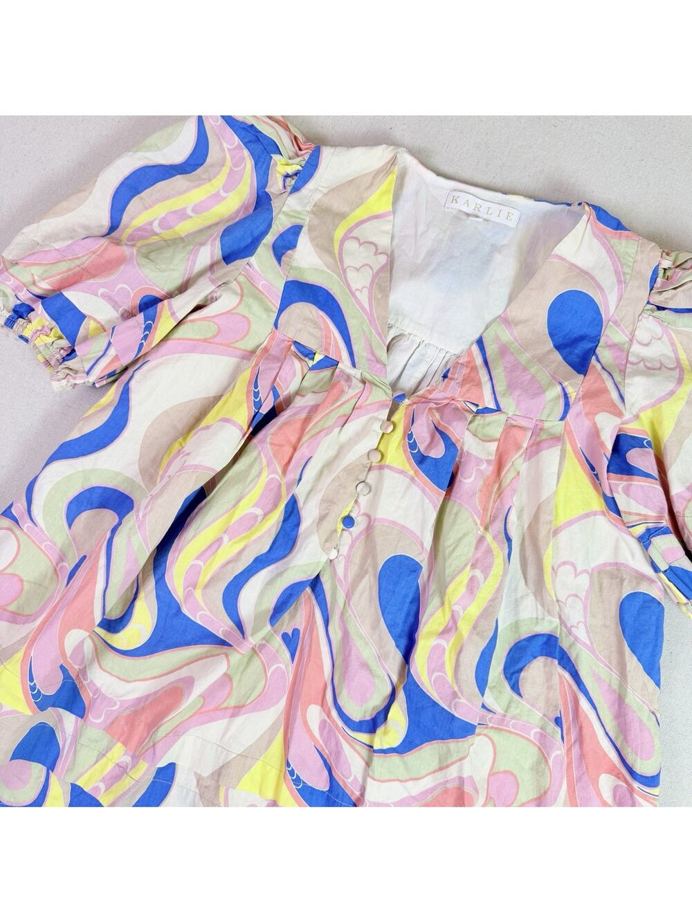 Karlie Mini Tiered Babydoll Dress Mod Abstract Swirl Print Women's S Puff Sleeve